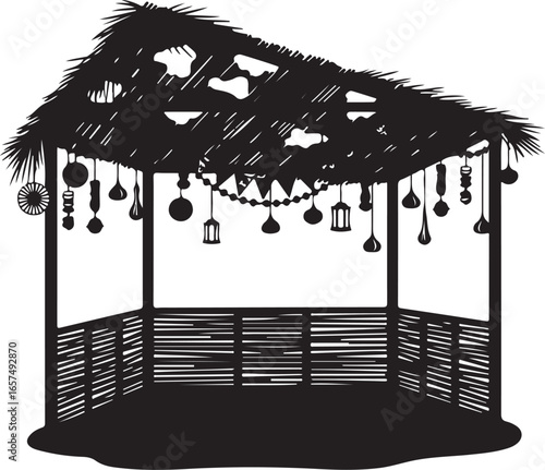 Thatched hut with hanging decorations thatched roof
