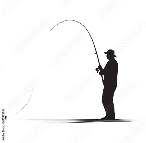 Silhouette of a fisherman casting with fishing rod on a white background