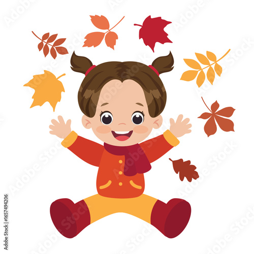 Cute little fall girl vector cartoon illustration
