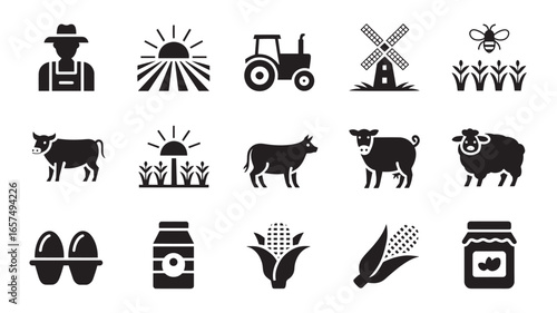 Agriculture and farming icons representing food production livestock and rural life symbols in vector format