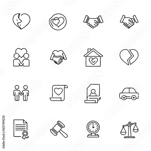 Collection of line art icons symbolizing relationships, marriage, and legal agreements.