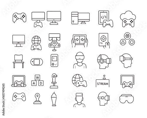 Set of editable stroke line icons related to video games, gaming, technology, gadget, esport