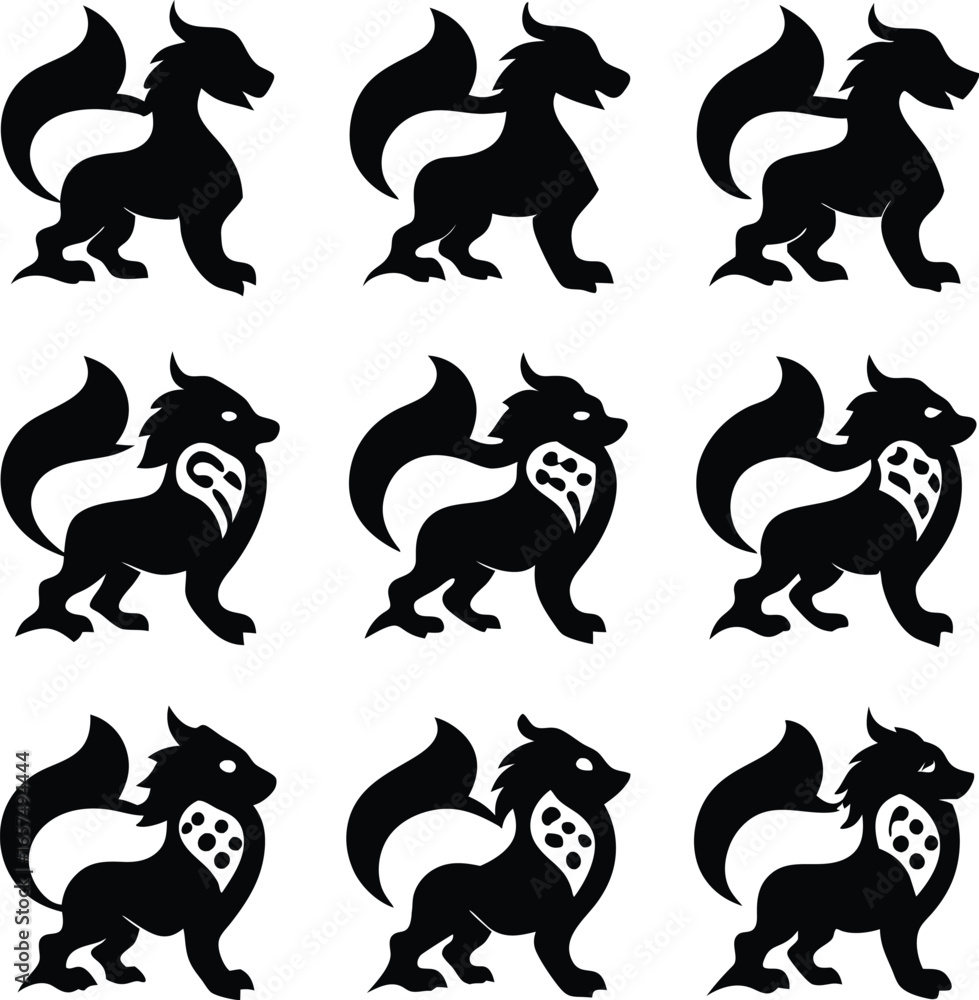 Obraz premium Nine Black Silhouette Dragons with Wings and Ornate Chests mythical creature