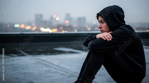 Teenage solitude on rooftop under city lights evoking urban melancholy and pensive reflection