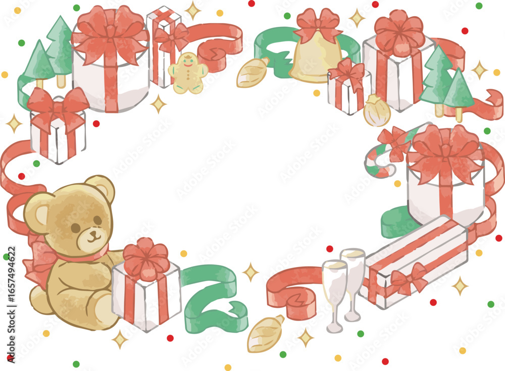 Fototapeta premium クリスマス プレゼント 飾り 手描き 水彩 フレーム あしらい かわいい 背景 イラスト素材