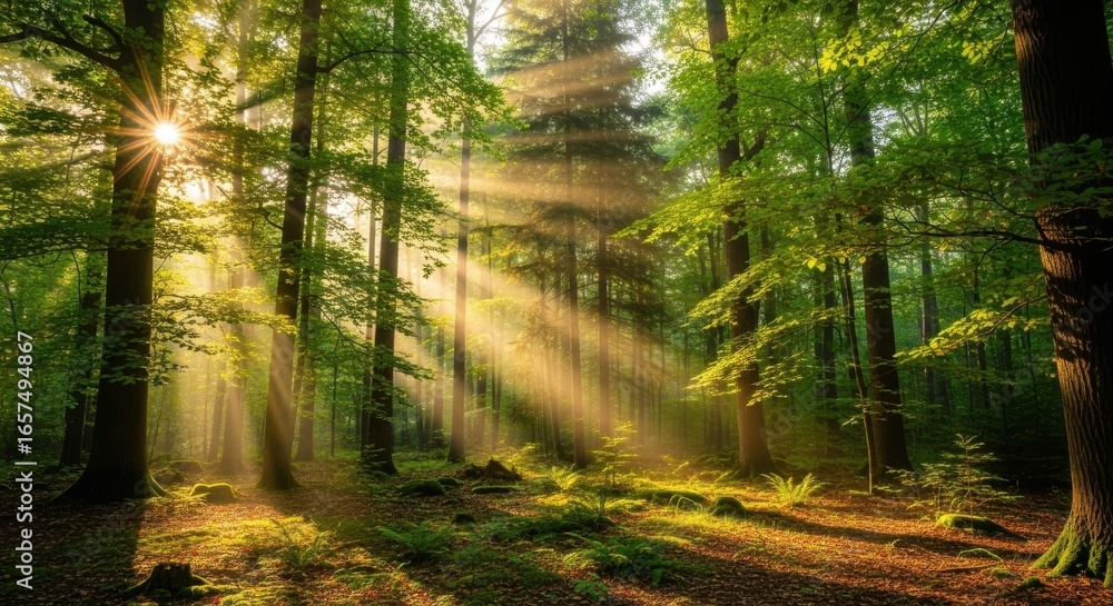 Obraz premium Sunlight streams through a lush green forest canopy illuminating the path ahead