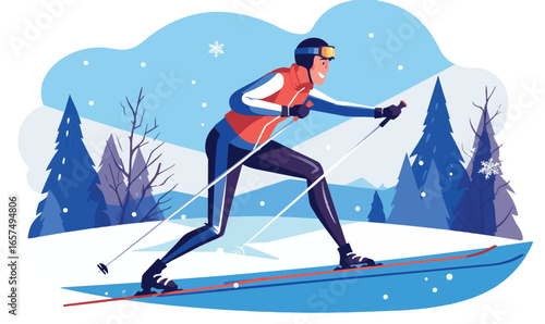 Skier glides gracefully across snowy landscape: Depicting a lone skier gliding effortlessly across a pristine, snow-covered landscape under a serene sky, a visual symphony of winter sport.