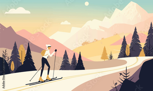 Winter Wanderer's Journey: A solitary figure embraces the serenity of a winter wonderland, gliding smoothly on skis amidst majestic mountains and snow-dusted trees, bathed in the soft hues of dawn. 