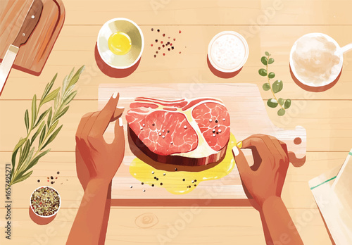 Gourmet Culinary Preparation: An overhead shot showcases a culinary masterpiece in progress, as hands delicately season a prime cut of raw steak on a rustic wooden cutting board.