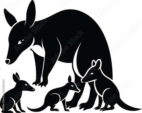 Black silhouette of a mother kangaroo with three joeys on white background baby kangaroo family