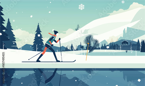 Winter Sports Silhouette: A lone skier glides gracefully across a snowy landscape, embraced by the serene beauty of a wintry panorama.