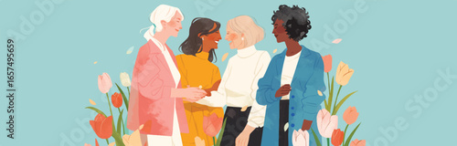 Female Unity: A vivid illustration showcasing a heartwarming scene of four diverse women, adorned with vibrant flowers, radiating companionship and collaboration.