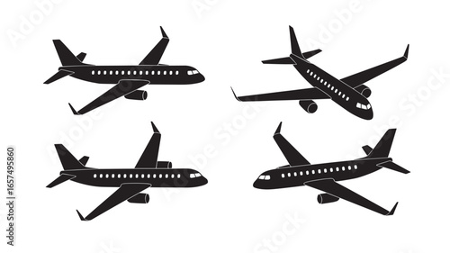 Airplane Silhouettes Collection Diverse Aircraft Models Vector Set Design for Travel and Transportation Industries Black and White