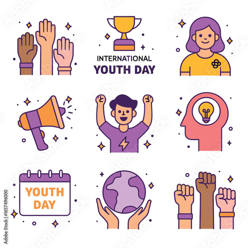 International Youth Day celebration icons unity empowerment creativity hope