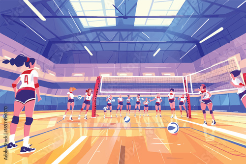 Volleyball Match in the Arena: A stylized illustration captures the dynamism of a women's volleyball match within an indoor arena, focusing on the athletes' agility and teamwork.