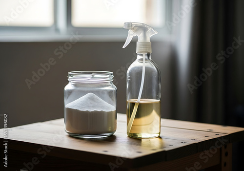 Wallpaper Mural Natural cleaning products baking soda and vinegar on a wooden table, showcasing homemade and ecofriendly cleaning solutions Torontodigital.ca