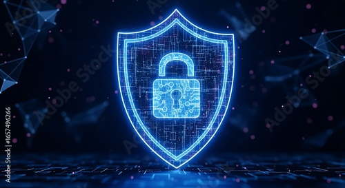 Futuristic cybersecurity concept with a glowing blue shield and padlock icon for data protection and online privacy.