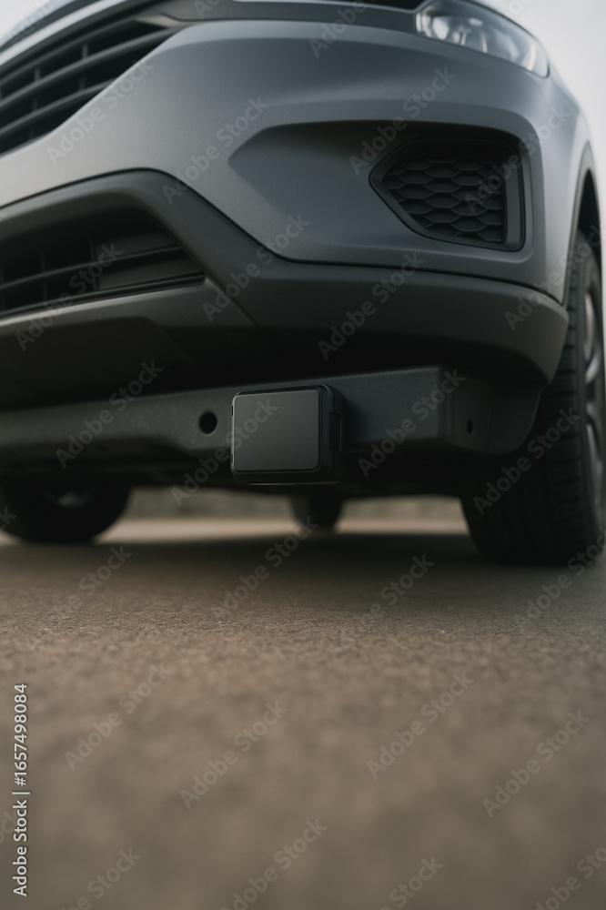 Fototapeta premium Modern Automobile: A close-up view of a modern vehicle showcases sleek design, highlighting the front end and undercarriage, focusing on the advanced technology and sturdy build.