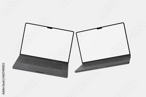 Two Modern Dark Gray Laptops with Blank Screens Floating for Mockup Display.