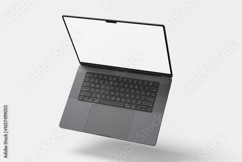 Modern Dark Grey Laptop with Blank Screen Floating on Light Background