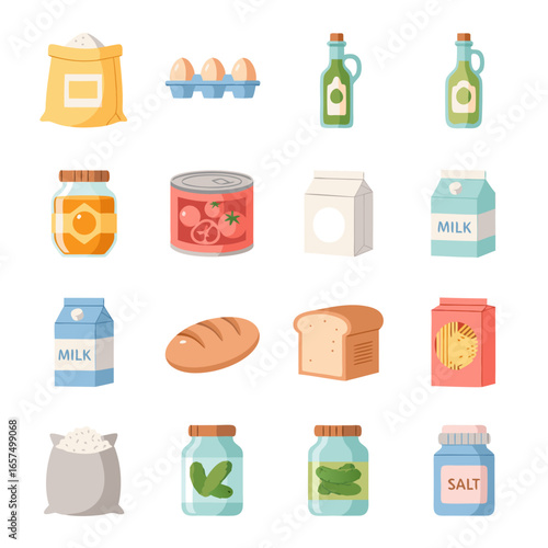 Food and grocery product icons with bread, canned goods, bottles, milk, eggs, cheese, and packaged items