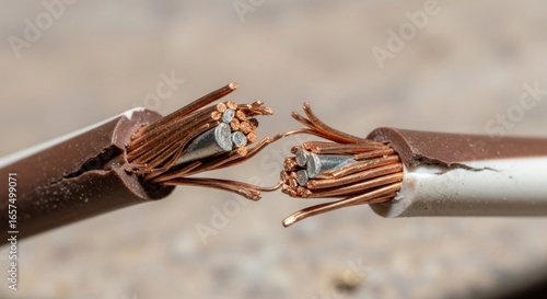 Frayed Connection: Detailed Macro of a Severed Bimetallic Power Cable
