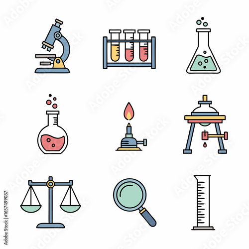 Laboratory science equipment icons with microscope, test tubes, flask, burner, balance, and measuring cylinder