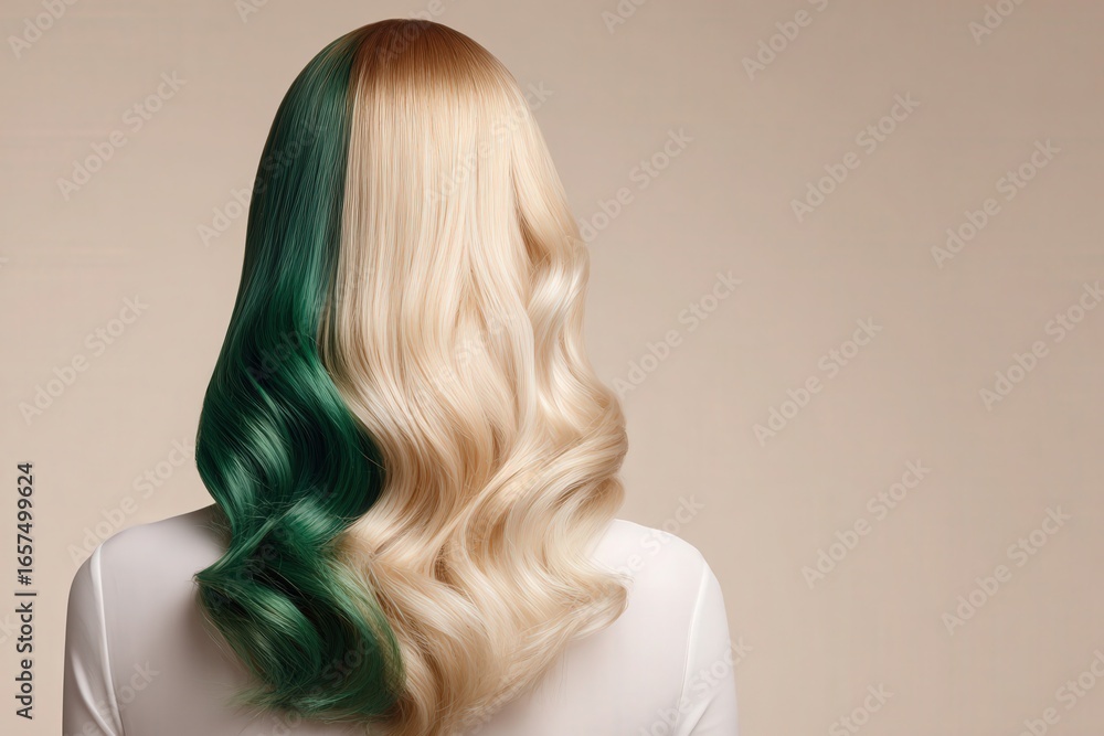 Fototapeta premium A woman's back displays beautifully styled, wavy hair with a striking, two-tone color, emerald green and creamy blonde, against a soft beige backdrop.