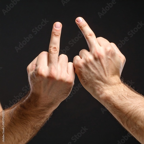 Two hands displaying middle fingers against black background
