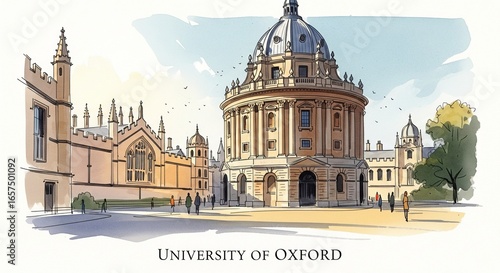 Digital painting of a view of the University of Oxford's modern structures and landmarks in watercolor and text style for display, wallpaper and more