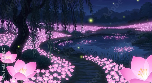 Enchanted Lotus Pond at Nightfall with Fireflies and Dreamy Pink Flowers