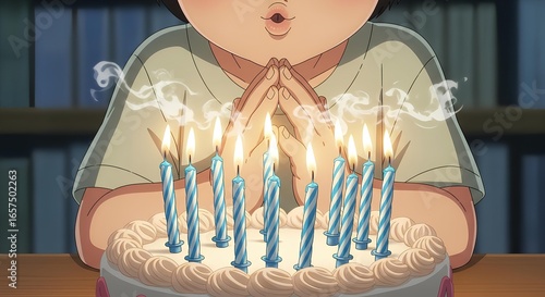 Anime style illustration showcasing a birthday celebration with blowing candles on cake