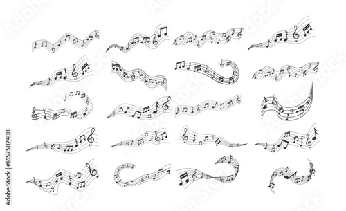 Music notes wave set vector illustration with melody lines, treble clef, circular frame and abstract background of decorative musical symbols.