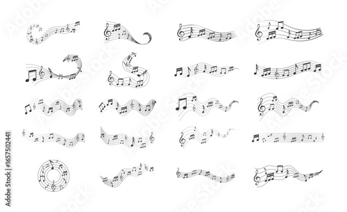 Music notes wave vector set with swirling melody lines, treble clef icons, and abstract background design.
