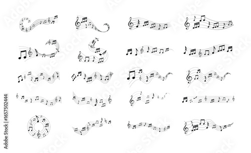 Music notes in wave line icon, sign ,symbol isolated on white background.   musical wave line vector. Treble clef on sheet music.