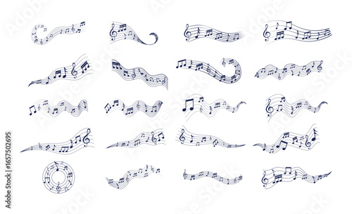 Melodic wave of musical notes vector pack with swirls and curved note symbols, circular and flowing designs.
