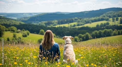 Woman and dog enjoying a scenic view of rolling green hills