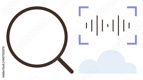Magnifying glass near sound wave and cloud icon highlights research, data search, and analysis. Ideal for AI, cloud technology, sound processing, cloud storage, research, innovation simple flat