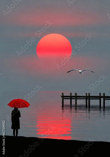 A solitary figure holding a vibrant red umbrella stands on a dark shore, gazing at a fiery red sun setting over a calm, reflective body of water, with a seag...