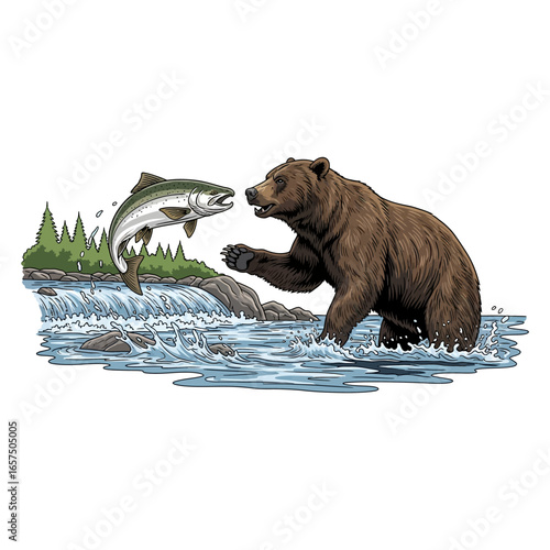 Grizzly bear catches a leaping salmon in a rushing river.