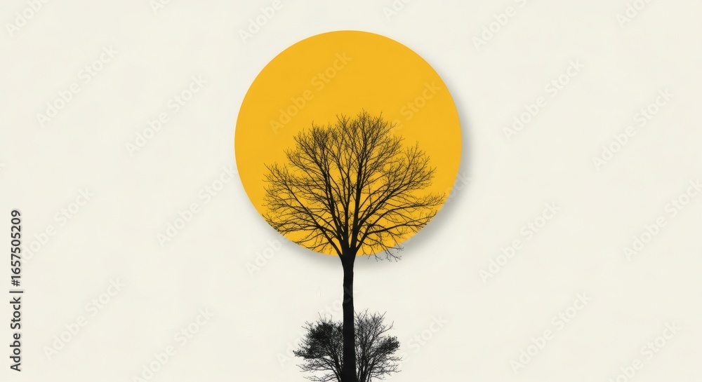 Fototapeta premium Silhouette of a bare tree against a bright yellow sun, minimalist artistic design.