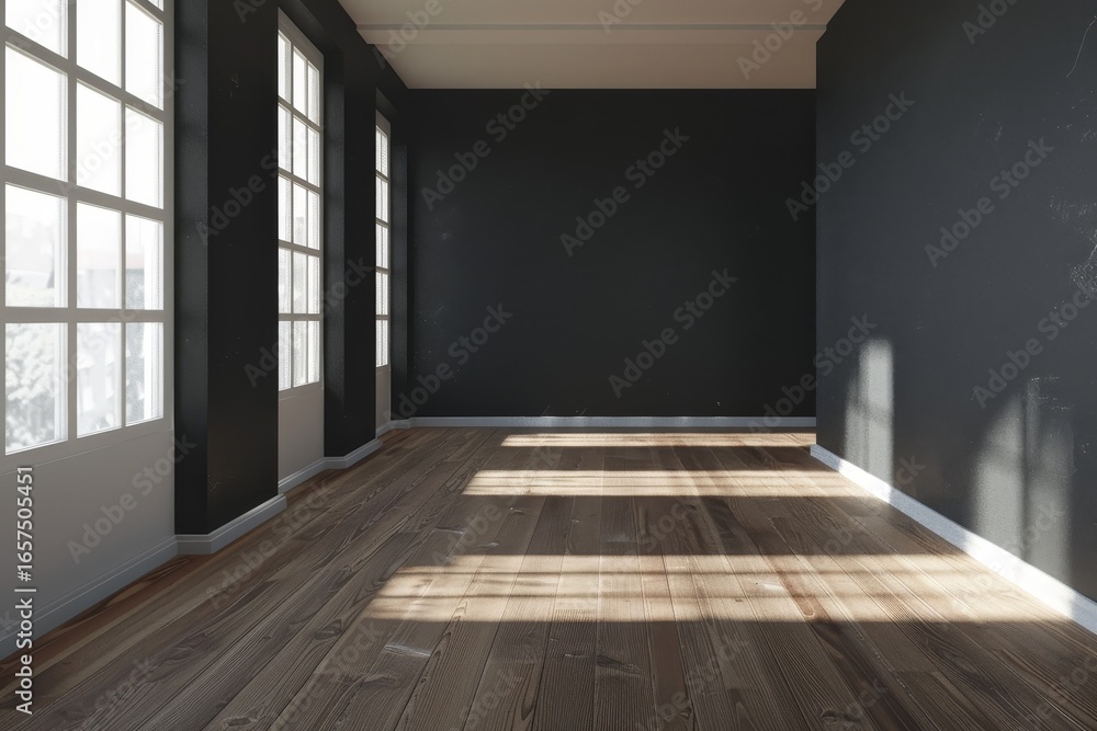 Fototapeta premium An empty room with large windows, dark walls, and a light-brown wooden floor, bathed in soft sunlight.