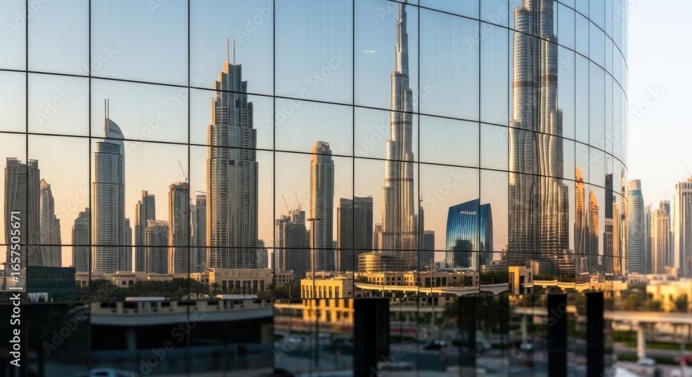 custom made wallpaper toronto digitalGolden Dubai Skyline Mirrored in a Curved Glass Facade at Sunset.