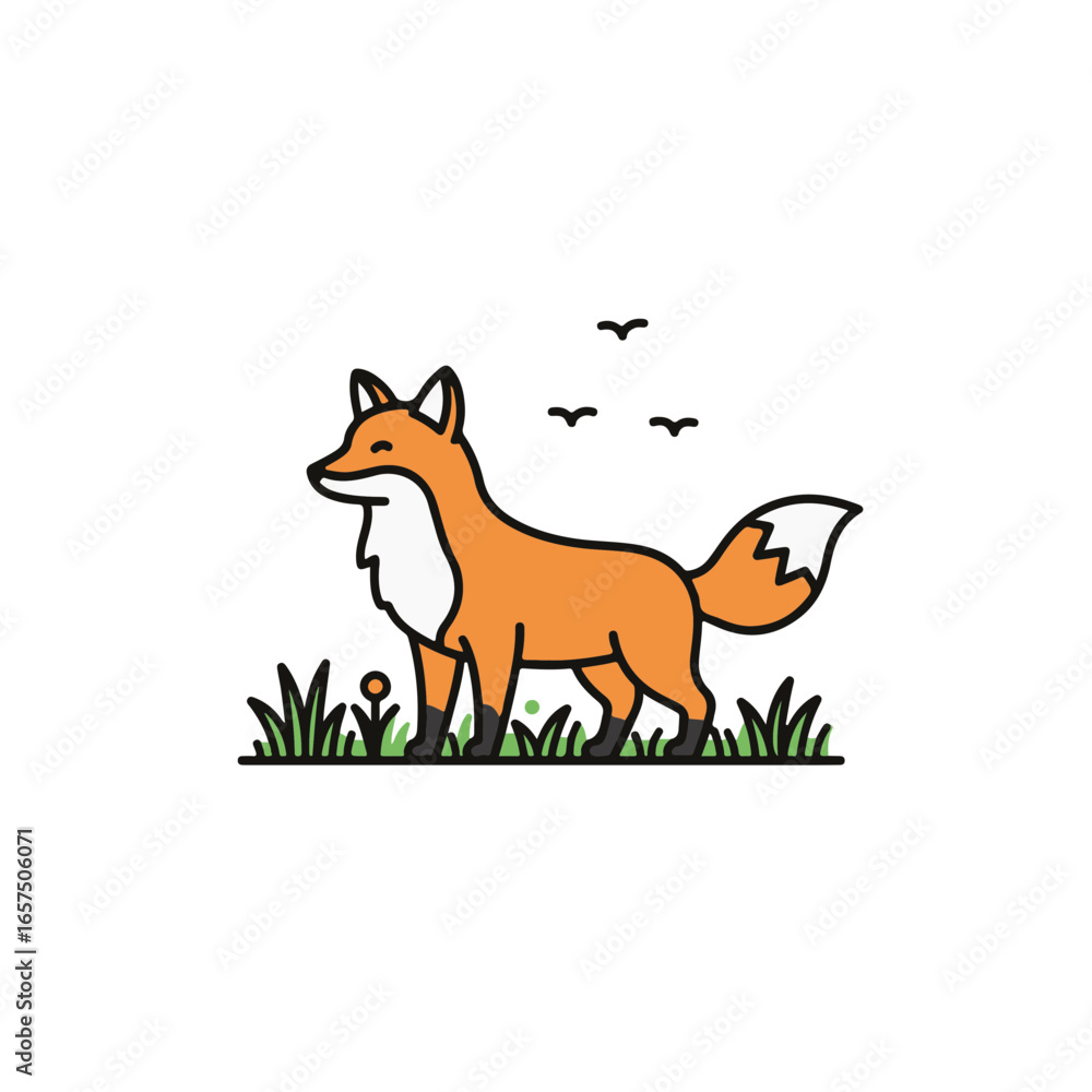 Naklejka premium A friendly fox in a green field. 