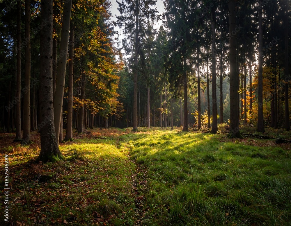 Fototapeta premium Sunlit path through autumn forest
