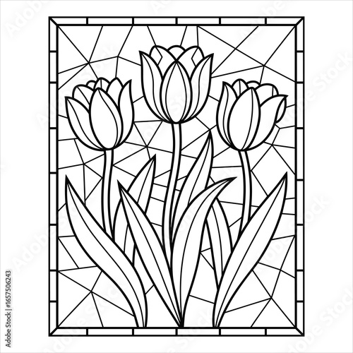Stained Glass Tulip Flowers Vector Illustration Floral Line Art Coloring Page