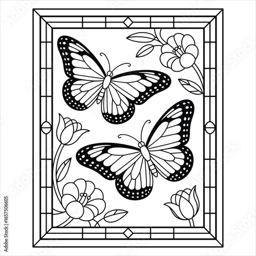 Butterfly and Flower Stained Glass Vector Illustration