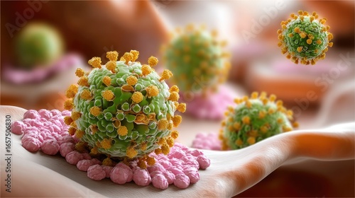 medical scientific illustration showing Hepatitis B virus particles targeting human liver cells (hepatocytes)