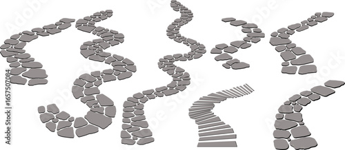Vector winding stone path illustration set Hand drawn stone paths in curved and winding shapes, top view vector style