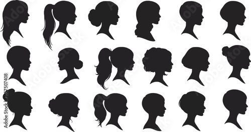 Black head woman girl profile silhouette vector set Collection of human head profile silhouettes in black, isolated vector style
